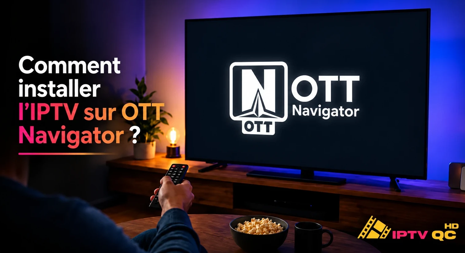 Téléviseur affichant le logo OTT Navigator dans un salon, une personne tenant la télécommande, avec le titre « Comment installer l’IPTV sur OTT Navigator ? »