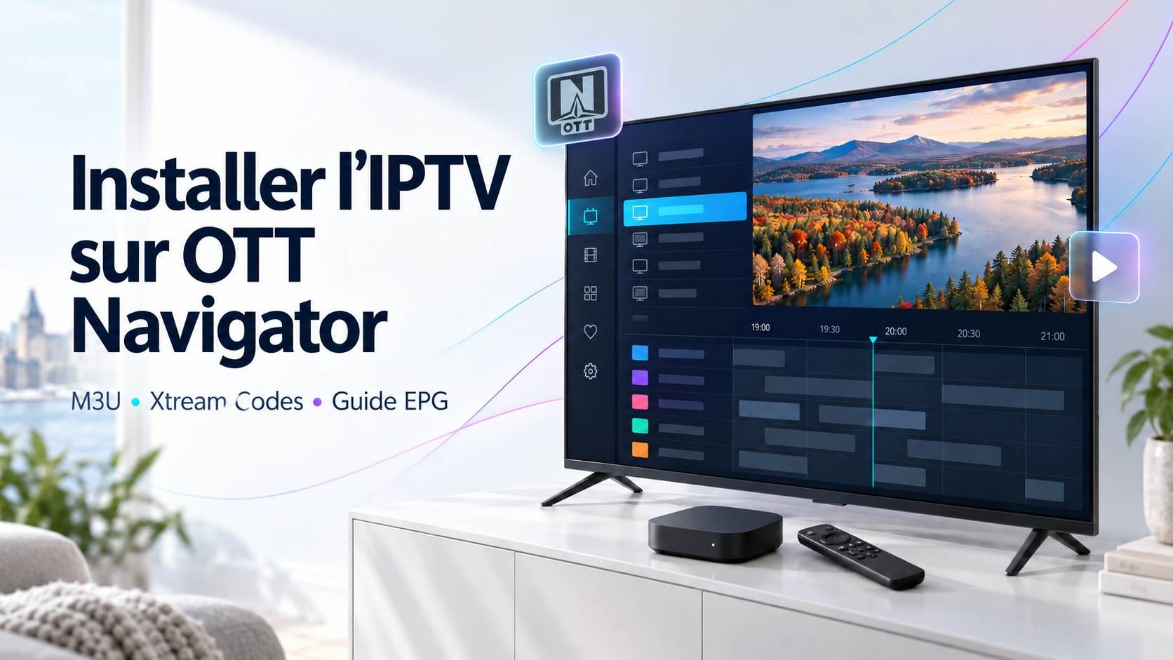 Illustration « Installer l’IPTV sur OTT Navigator, M3U, Xtream Codes, guide EPG » : un téléviseur affichant une liste de chaînes et une grille de programmes, avec un boîtier et une télécommande.