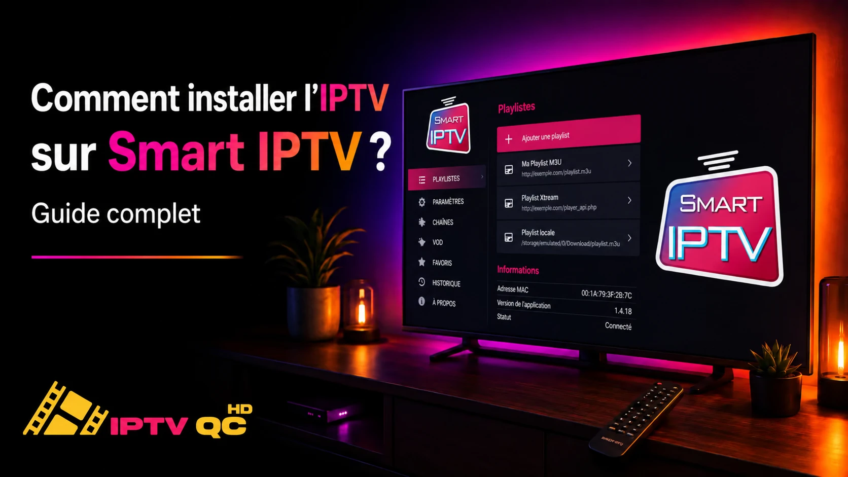 Téléviseur affichant l’écran des playlists de l’application Smart IPTV, avec le titre « Comment installer l’IPTV sur Smart IPTV ? »