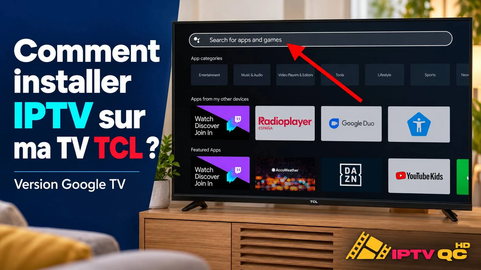 Téléviseur TCL sous Google TV affichant la boutique d’applications, avec la barre de recherche mise en évidence et le titre « Comment installer IPTV sur ma TV TCL ? »