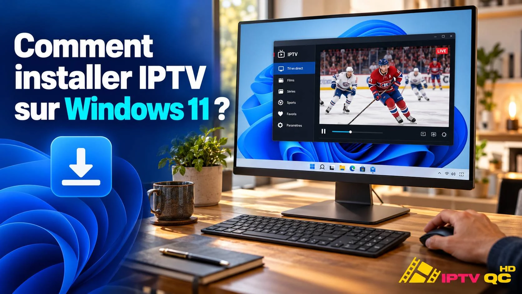 Ordinateur sous Windows 11 affichant une application IPTV qui diffuse un match de hockey en direct, avec le titre « Comment installer IPTV sur Windows 11 ? »