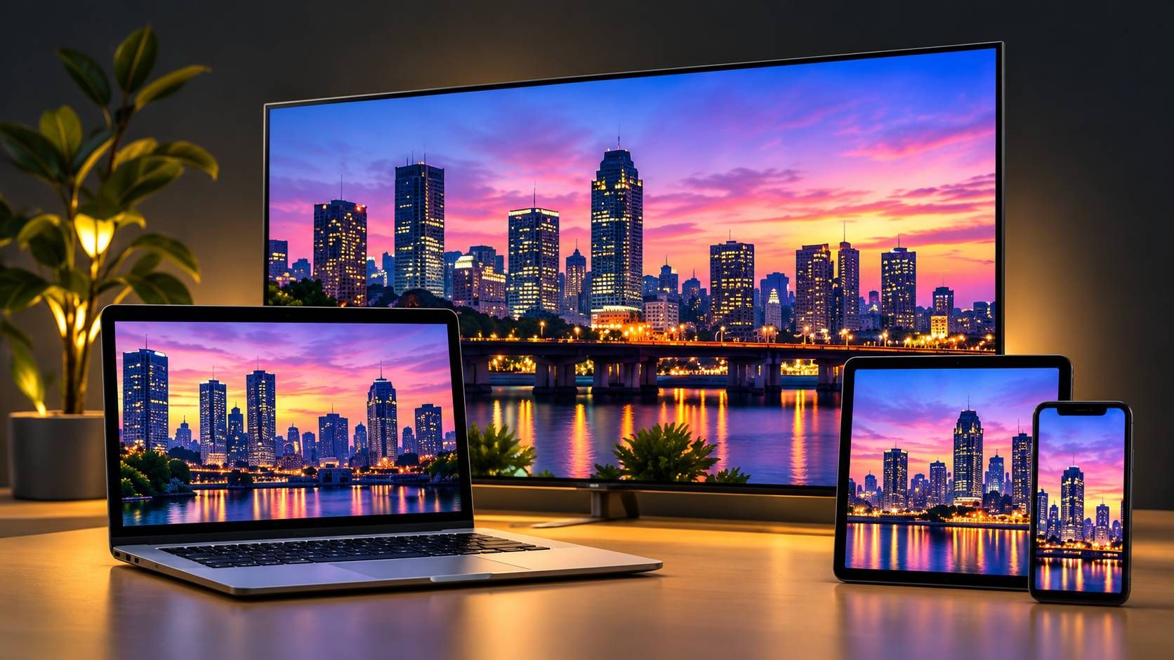 Télévision, ordinateur, tablette et téléphone affichant une même image de ville au crépuscule