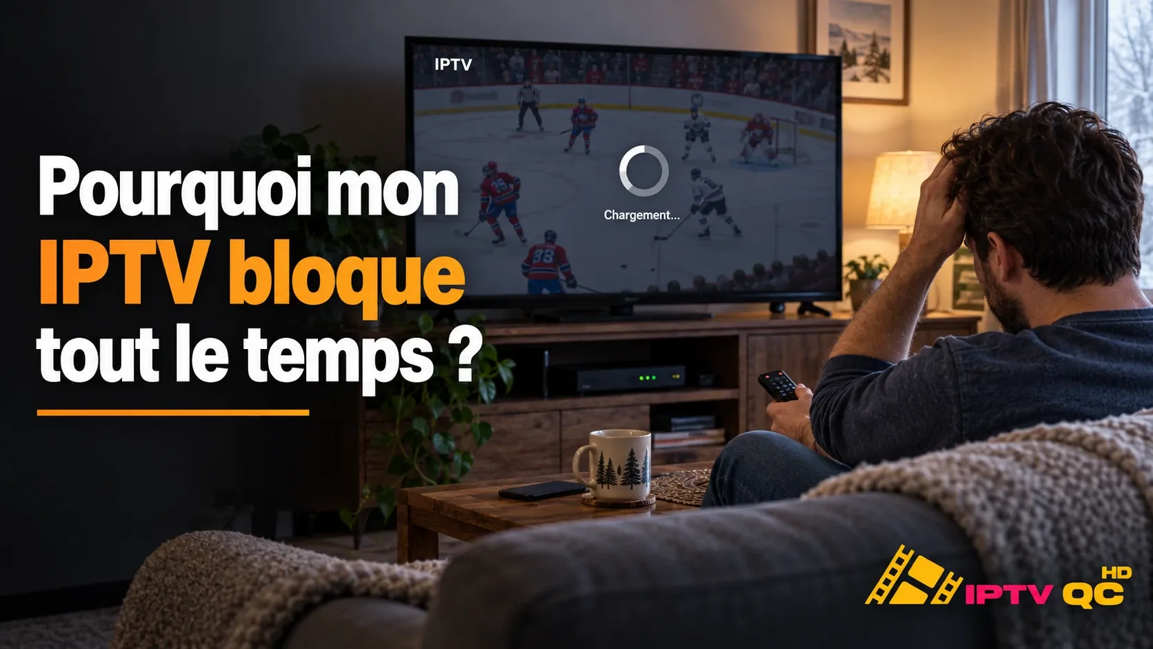 Personne découragée devant un match de hockey figé avec une icône de chargement sur l’écran IPTV, avec le titre « Pourquoi mon IPTV bloque tout le temps ? »