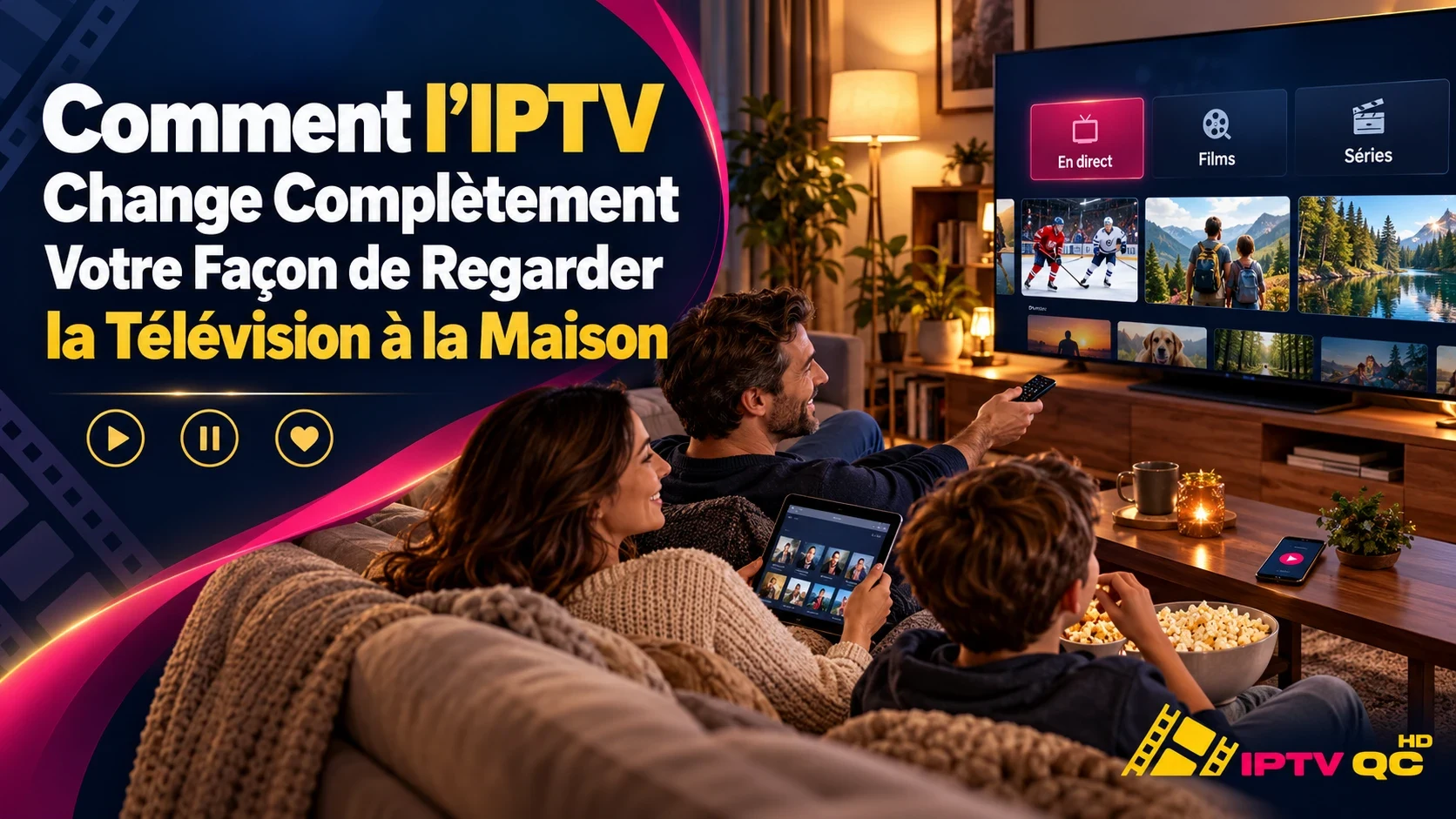 Famille sur le canapé regardant une application IPTV (en direct, films, séries) sur le téléviseur, avec une tablette et un téléphone, et le titre « Comment l’IPTV change complètement votre façon de regarder la télévision à la maison »
