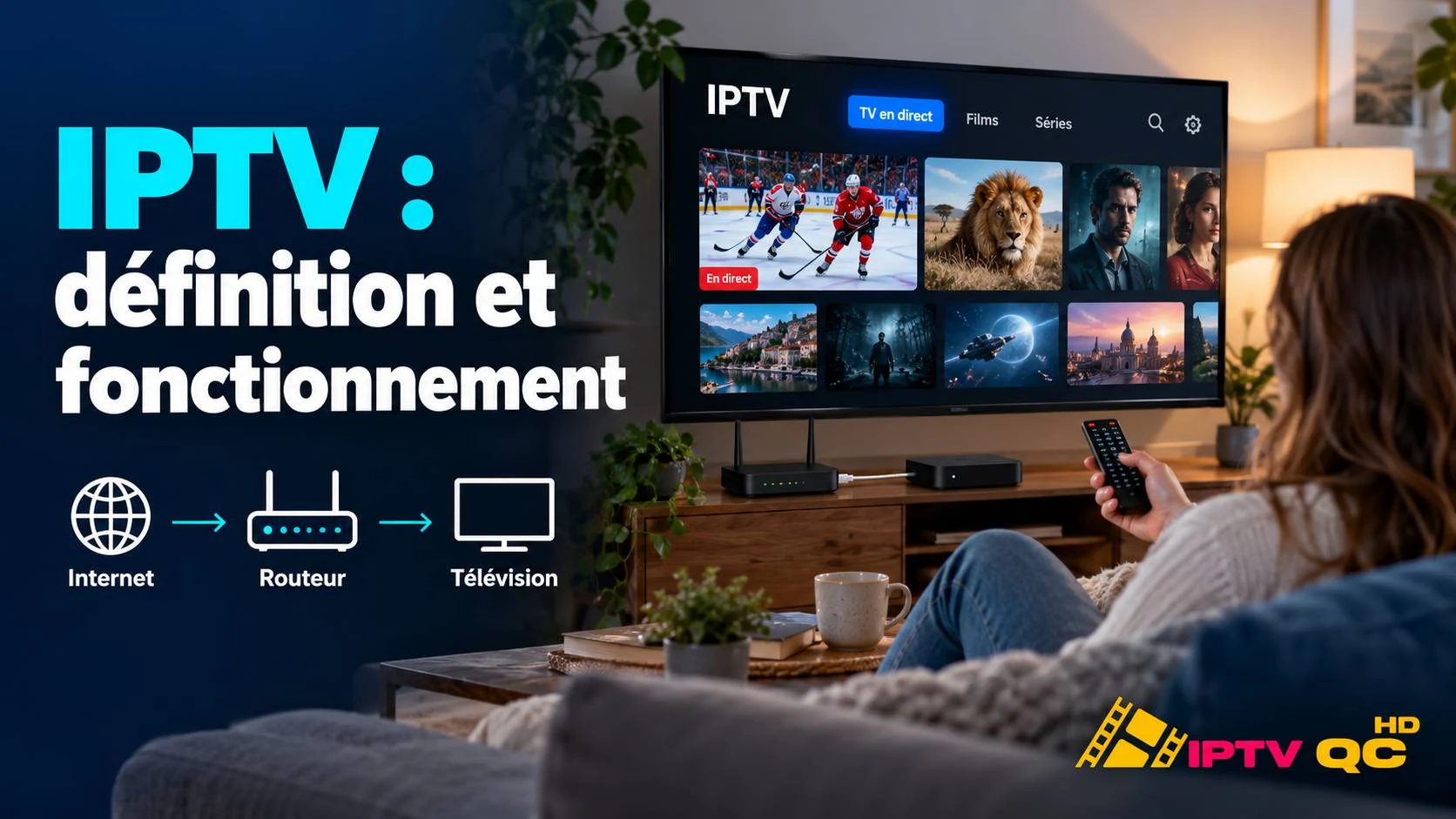 Personne qui regarde une application IPTV sur son téléviseur, avec le schéma Internet, routeur, télévision et le titre « IPTV : définition et fonctionnement »