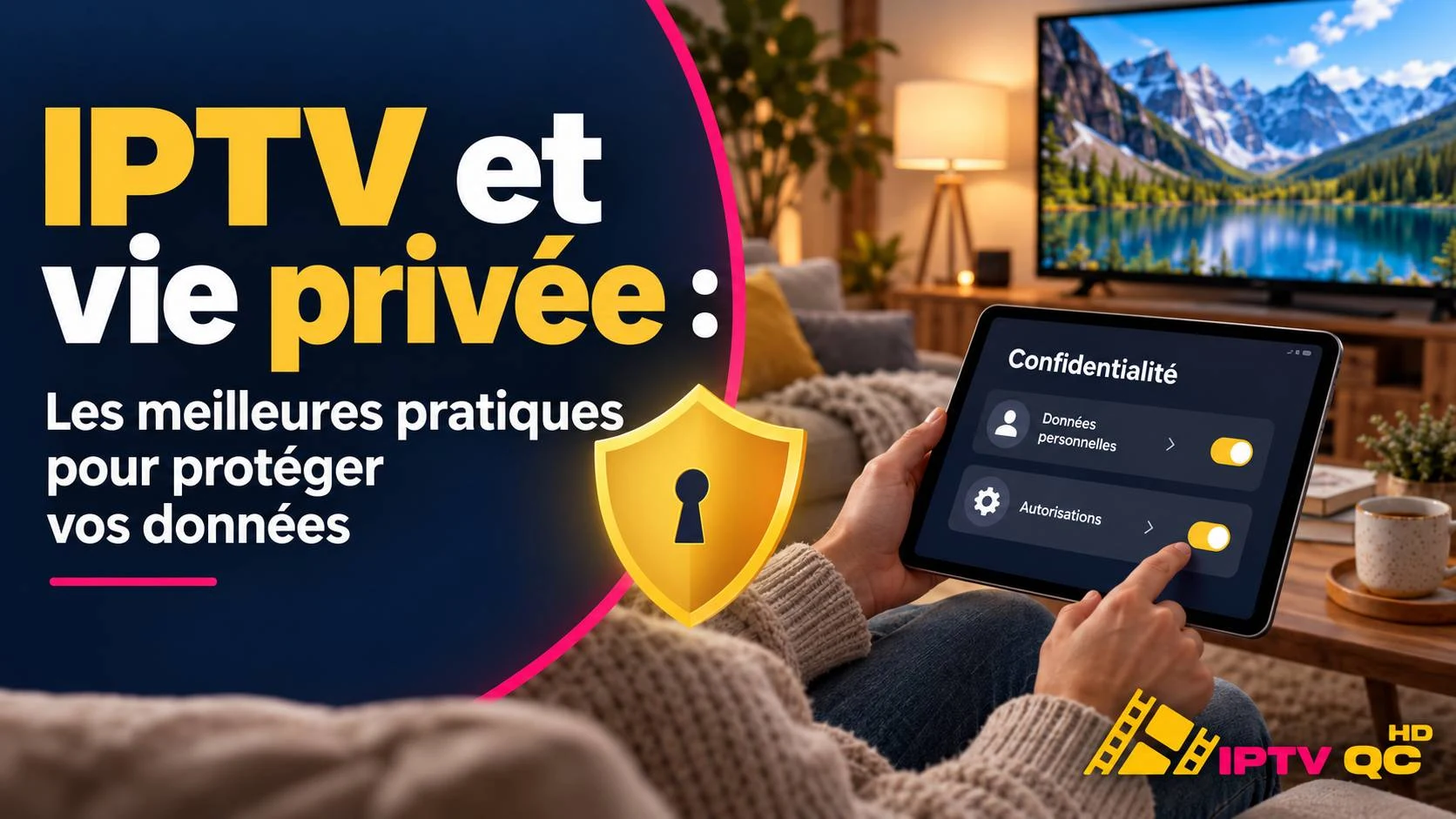 Tablette affichant les réglages de confidentialité (données personnelles, autorisations) avec un bouclier et un cadenas, avec le titre « IPTV et vie privée : les meilleures pratiques pour protéger vos données »