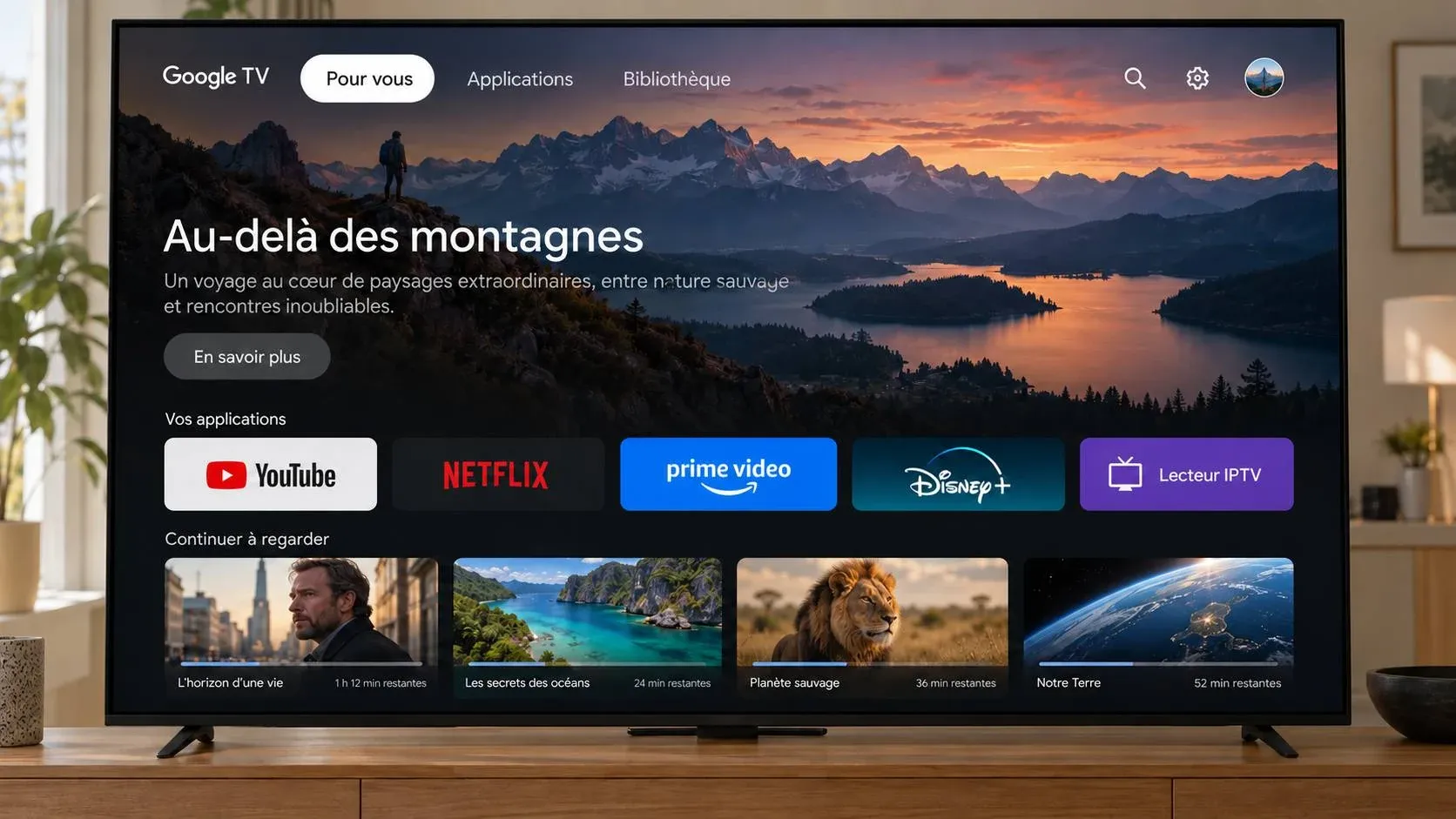 Écran d’accueil de Google TV avec un lecteur IPTV parmi les applications installées