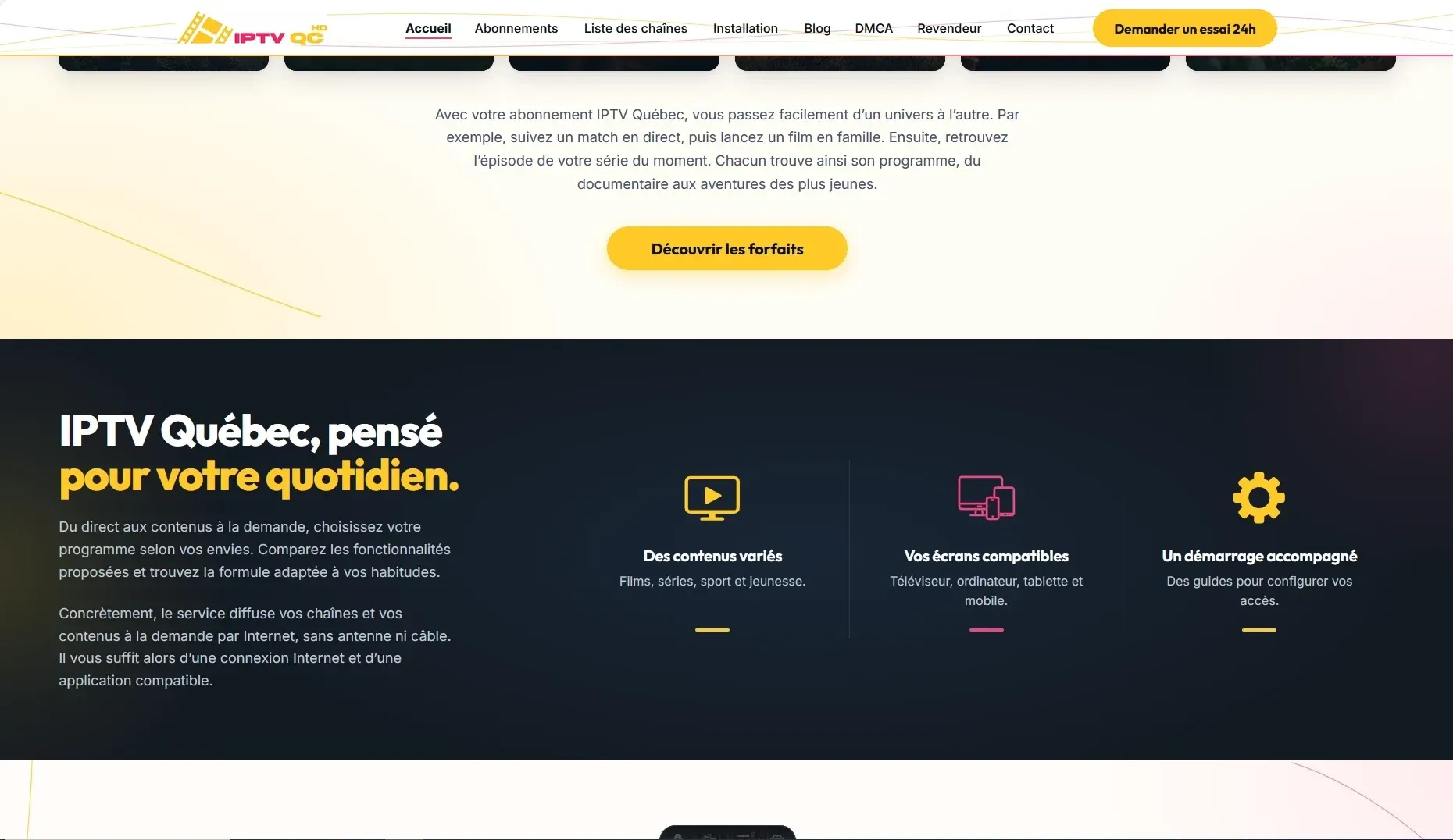 Section « IPTV Québec, pensé pour votre quotidien » du site IPTV QC HD : contenus variés, écrans compatibles et démarrage accompagné