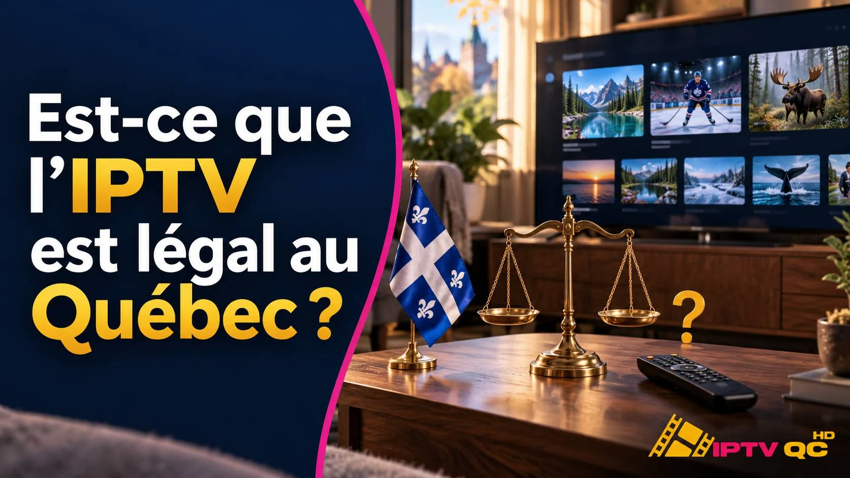 Drapeau du Québec et balance de la justice sur une table devant un téléviseur affichant une application IPTV, avec le titre « Est-ce que l’IPTV est légal au Québec ? »
