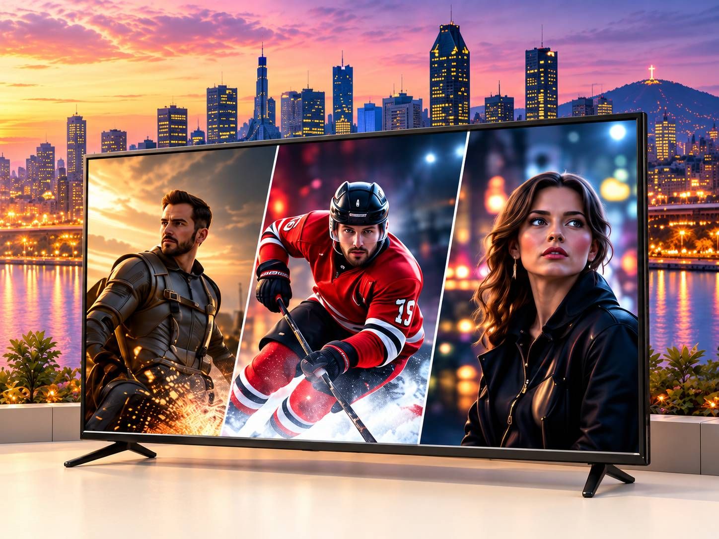 Téléviseur présentant des scènes de cinéma, de hockey et de série, devant une ville illuminée au coucher du soleil