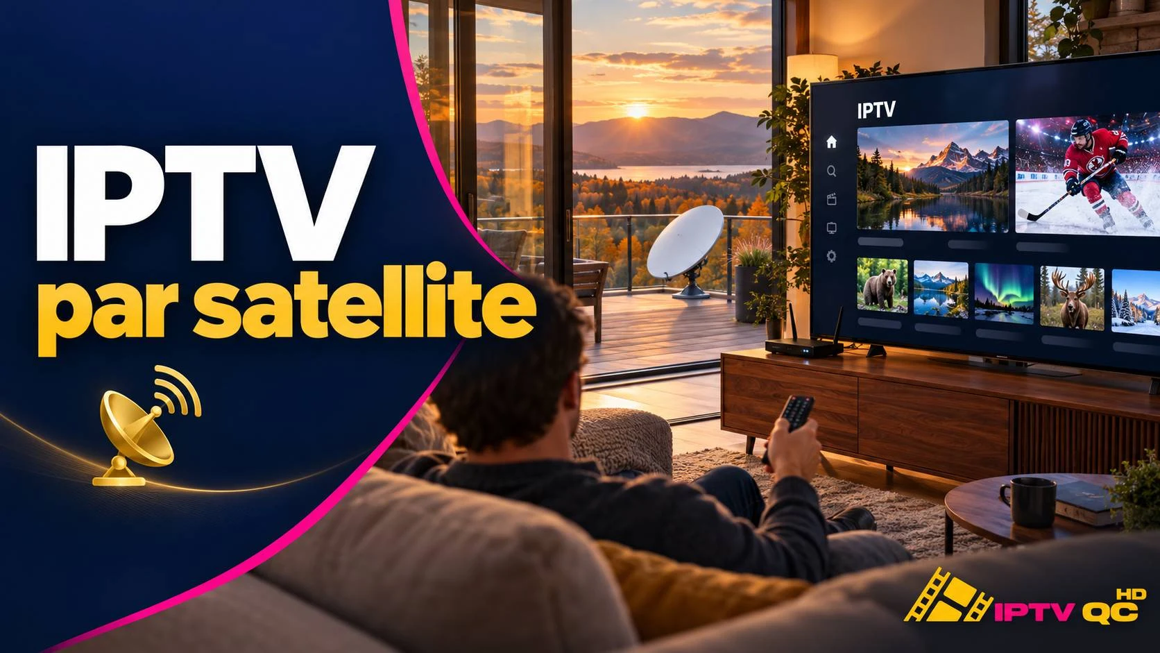 Salon avec une antenne satellite sur la terrasse et un téléviseur affichant une application IPTV, télécommande en main, avec le titre « IPTV par satellite »