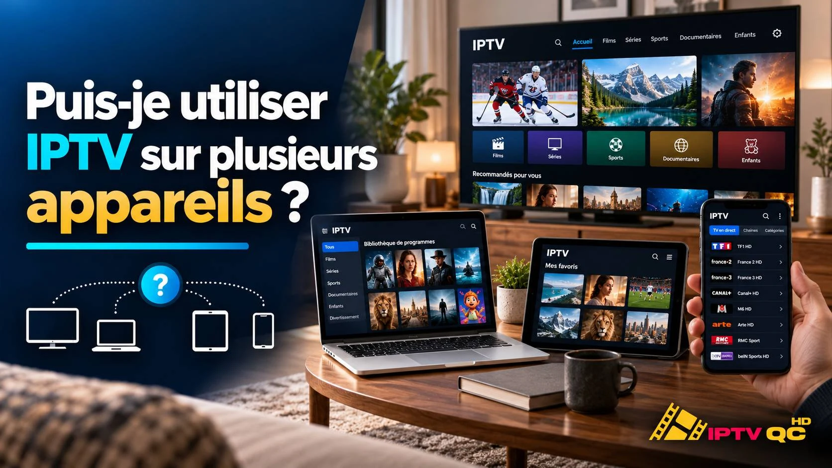 Application IPTV affichée en même temps sur un téléviseur, un ordinateur portable, une tablette et un téléphone, avec le titre « Puis-je utiliser IPTV sur plusieurs appareils ? »