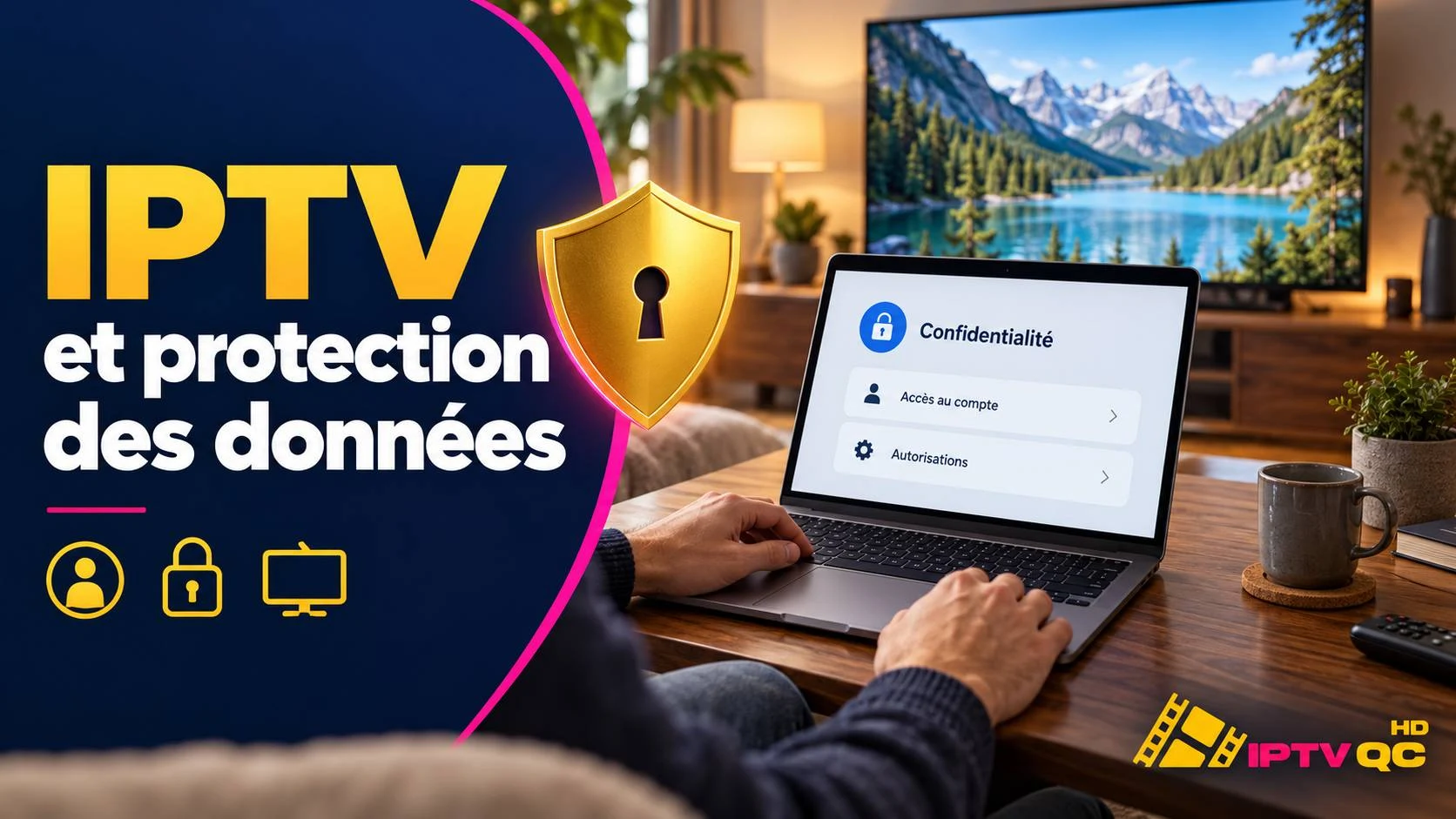Ordinateur portable affichant les réglages de confidentialité (accès au compte, autorisations) avec un bouclier et un cadenas, et le titre « IPTV et protection des données »