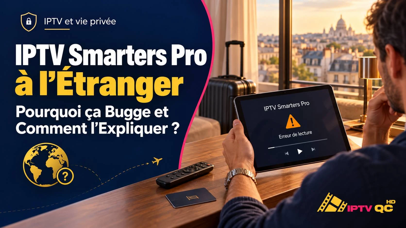 Voyageur dans une chambre d’hôtel avec vue sur une ville étrangère, tenant une tablette où IPTV Smarters Pro affiche « Erreur de lecture », avec le titre « IPTV Smarters Pro à l’étranger : pourquoi ça bugge et comment l’expliquer ? »