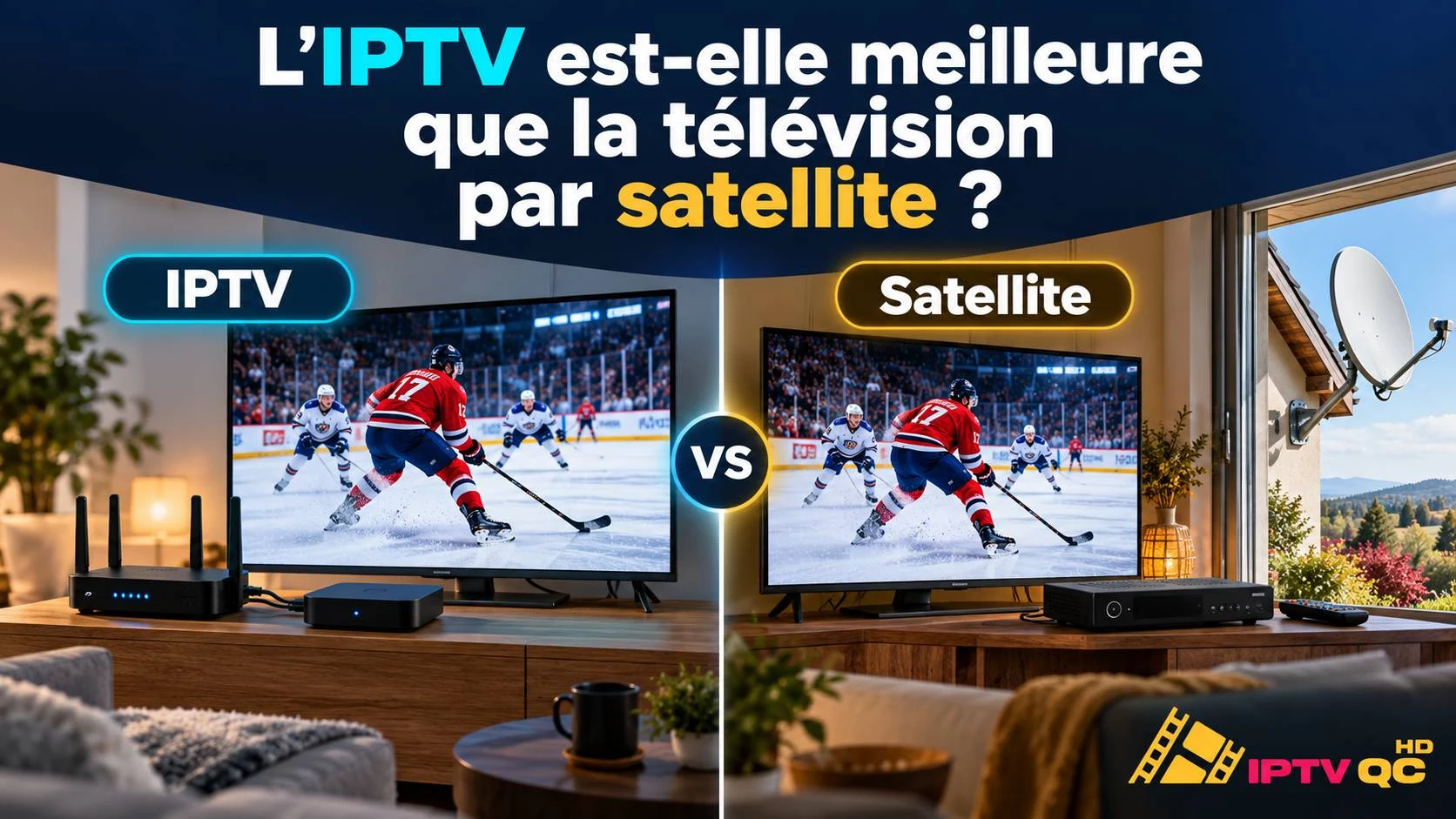 Comparaison côte à côte d’un téléviseur relié à un routeur et un boîtier IPTV et d’un téléviseur relié à une antenne satellite, avec le titre « L’IPTV est-elle meilleure que la télévision par satellite ? »