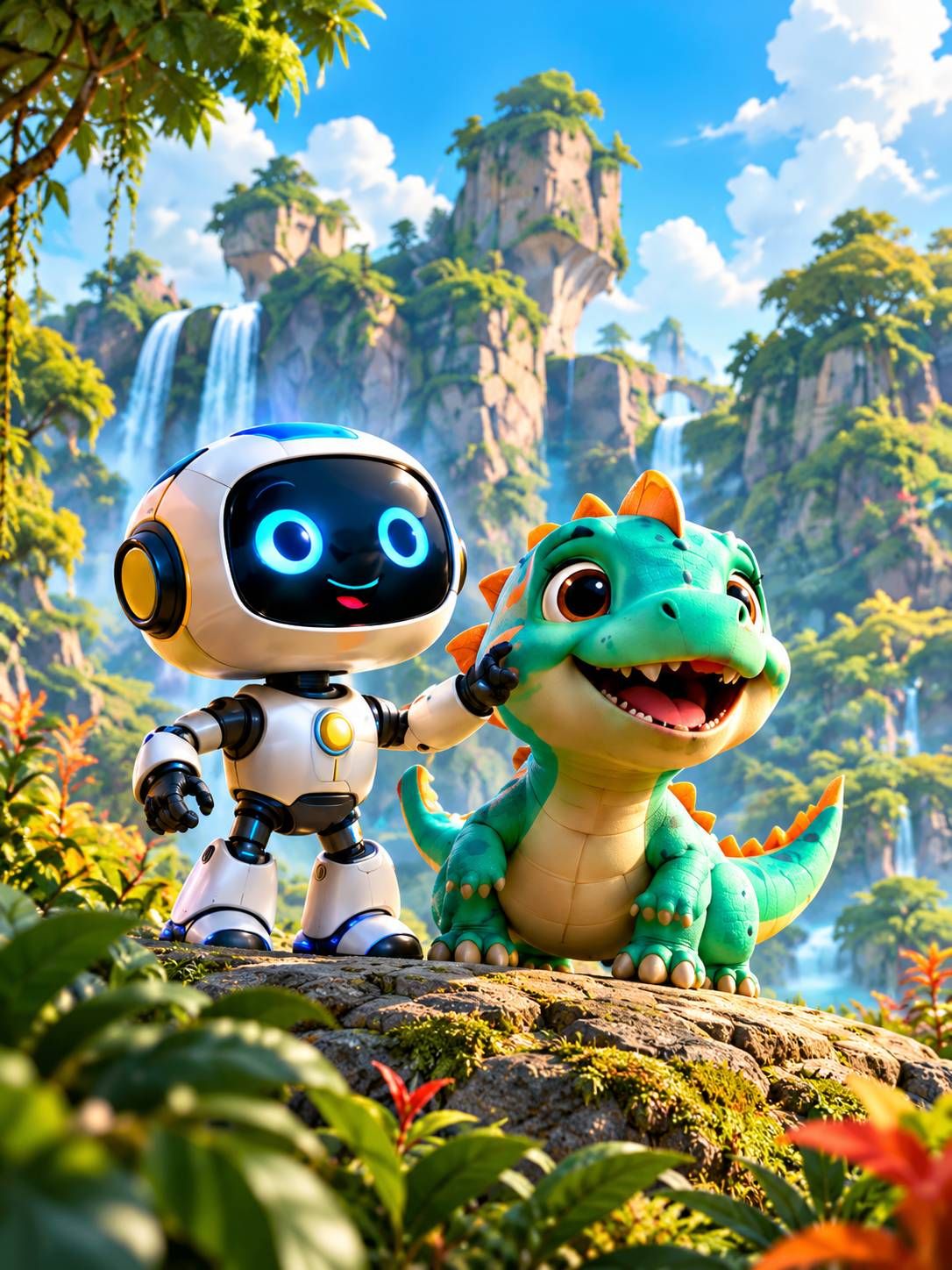 Petit robot souriant et bébé dinosaure dans une jungle animée avec cascades