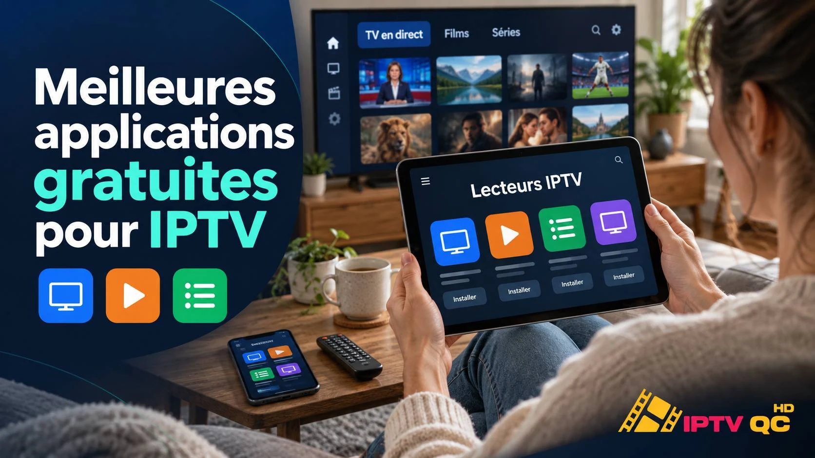 Personne qui consulte des lecteurs IPTV sur une tablette devant un téléviseur, avec le titre « Meilleures applications gratuites pour IPTV »