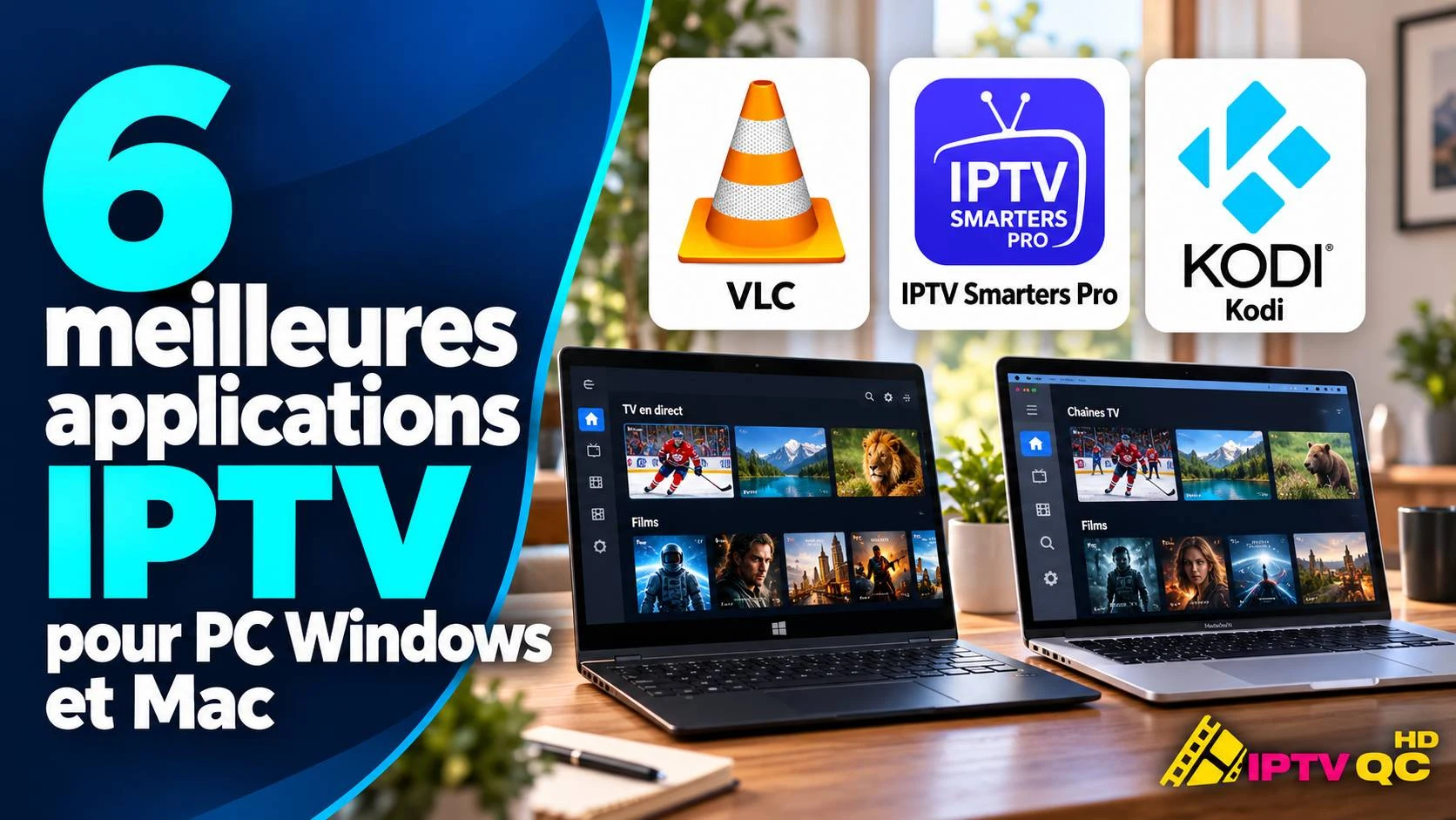 Deux ordinateurs portables, sous Windows et Mac, affichant une application IPTV, avec les logos de VLC, IPTV Smarters Pro et Kodi et le titre « 6 meilleures applications IPTV pour PC Windows et Mac »