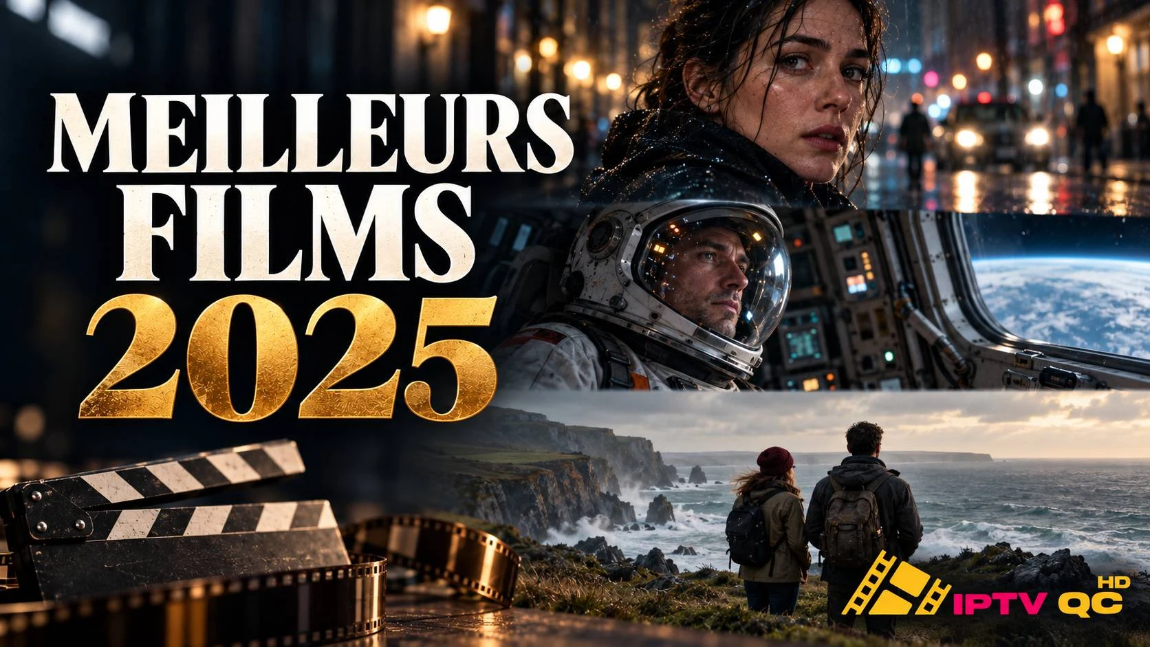 Visuel « Meilleurs films 2025 » : clap de cinéma, pellicule et trois scènes de film (ville sous la pluie, astronaute, couple face à l’océan)