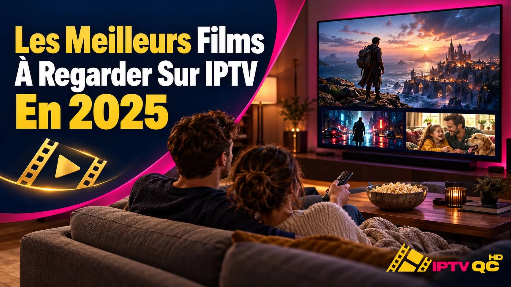 Couple sur un canapé avec un bol de popcorn devant un grand téléviseur affichant des scènes de films d’aventure, d’action et familial, avec le titre « Les meilleurs films à regarder sur IPTV en 2025 »