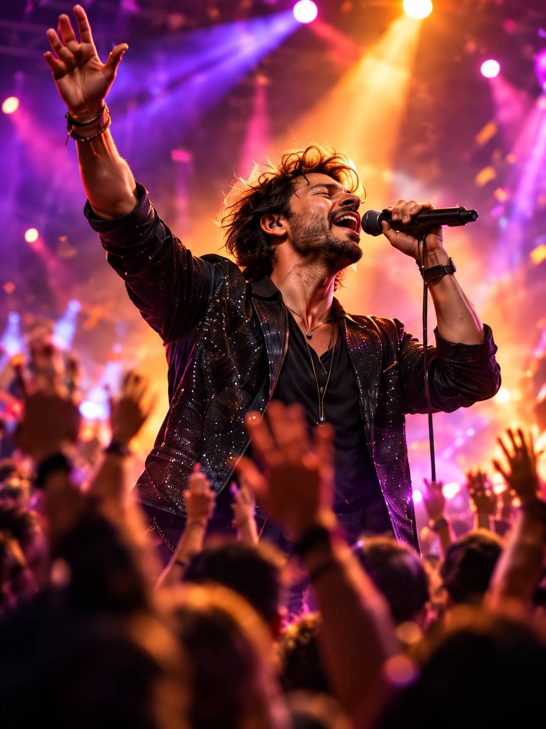 Chanteur, bras levé et micro en main, devant une foule sous les projecteurs d’un concert