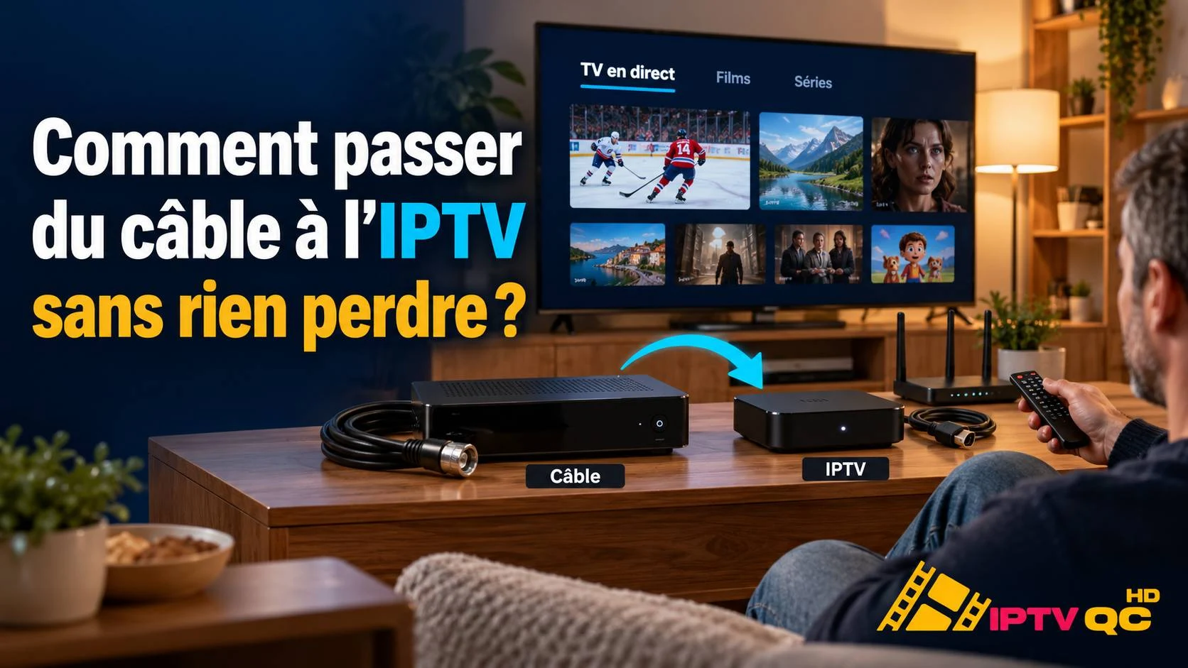 Décodeur câble et boîtier IPTV côte à côte, avec une flèche du câble vers l’IPTV, devant un téléviseur affichant une application IPTV, avec le titre « Comment passer du câble à l’IPTV sans rien perdre ? »