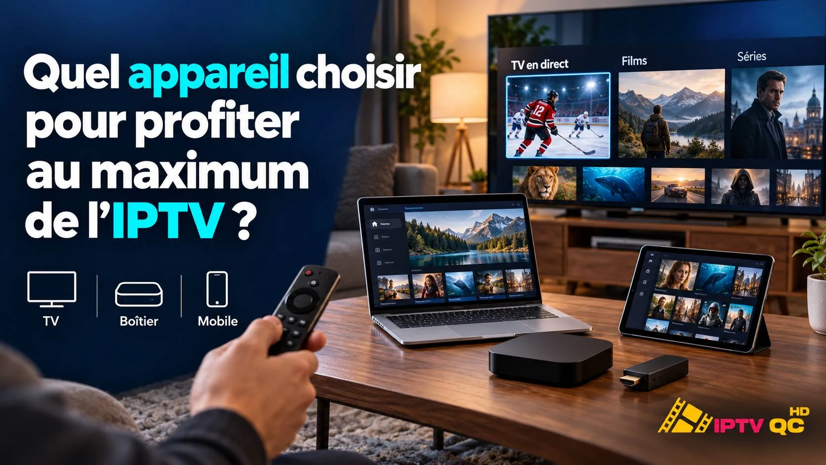 Téléviseur, ordinateur portable, tablette, boîtier et clé HDMI affichant une application IPTV, avec le titre « Quel appareil choisir pour profiter au maximum de l’IPTV ? »