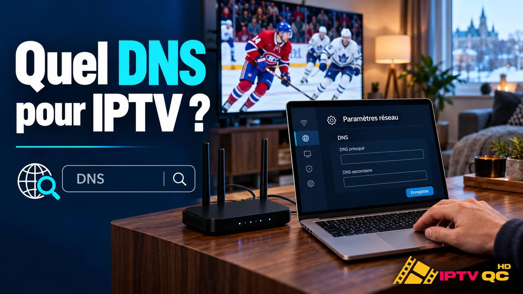 Ordinateur portable affichant les paramètres réseau DNS (DNS principal et secondaire) près d’un routeur, devant un match de hockey à la télévision, avec le titre « Quel DNS pour IPTV ? »