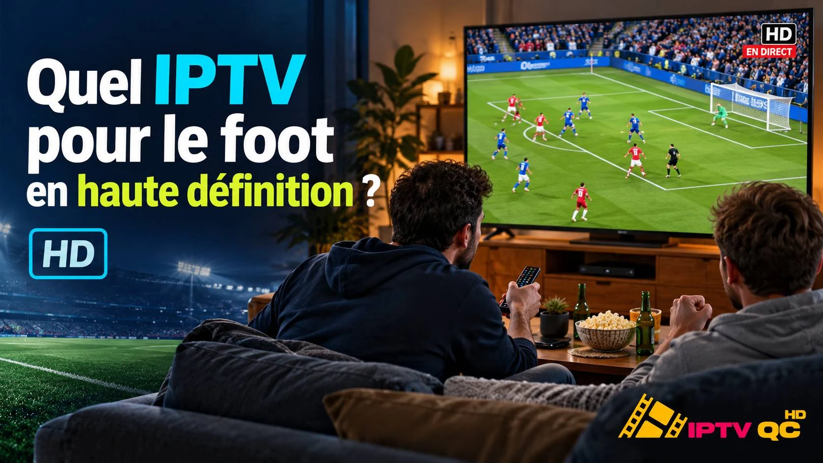 Deux amis qui regardent un match de soccer en direct et en HD sur un grand téléviseur, avec le titre « Quel IPTV pour le foot en haute définition ? »