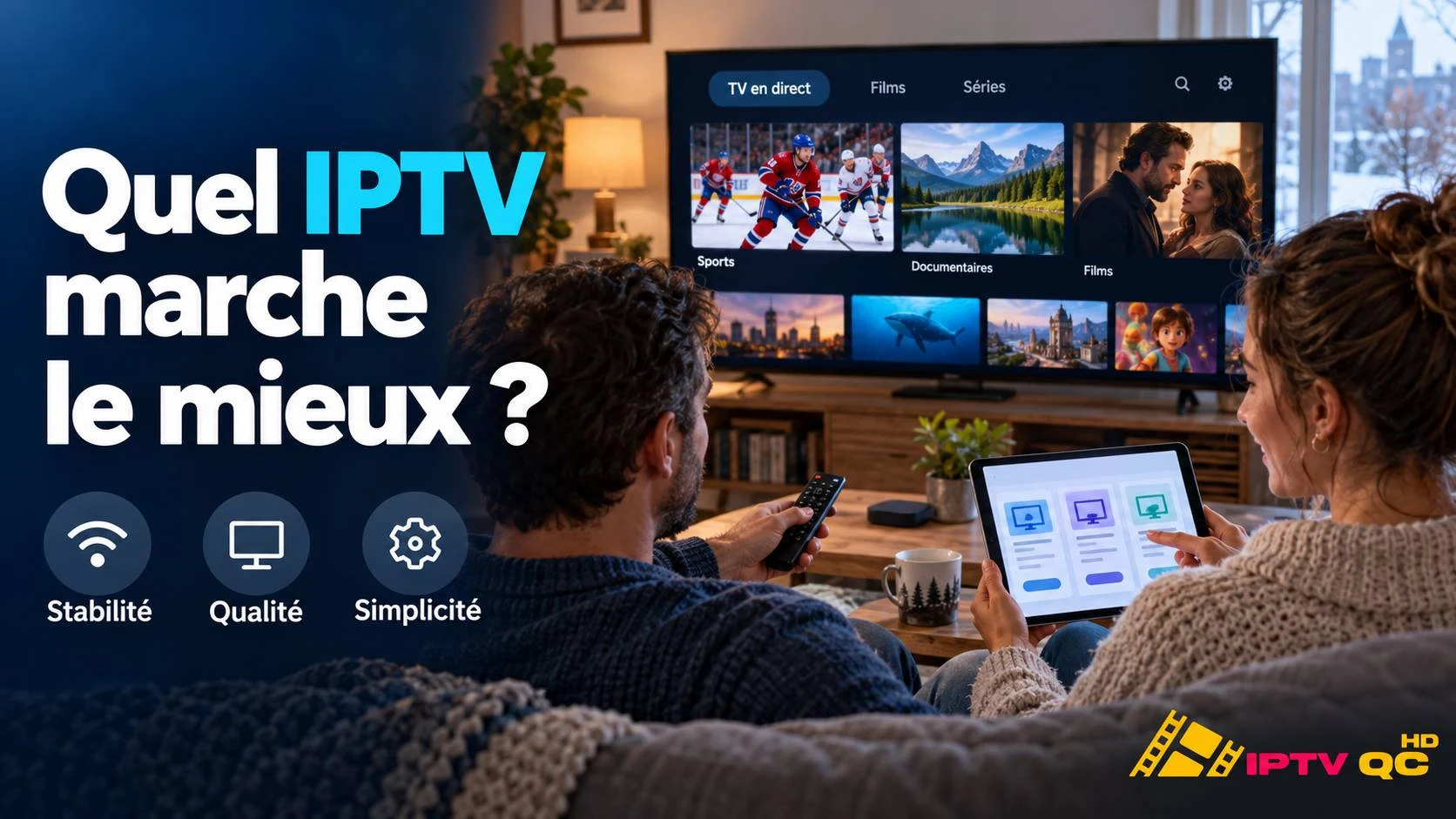 Couple qui compare des services IPTV sur une tablette devant un téléviseur, avec les critères stabilité, qualité et simplicité et le titre « Quel IPTV marche le mieux ? »