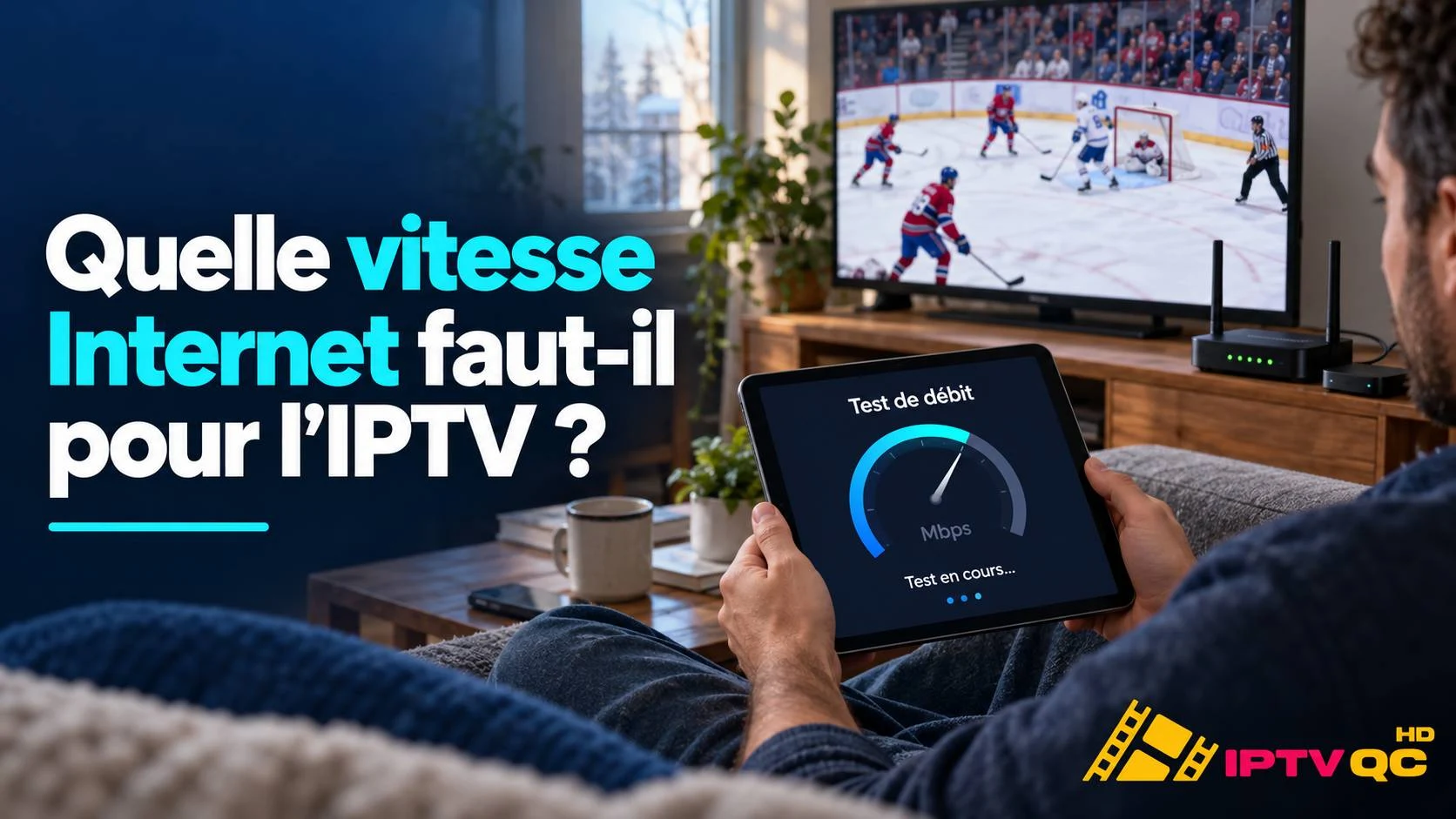 Personne qui teste son débit Internet sur une tablette devant un match de hockey à la télévision, avec le titre « Quelle vitesse Internet faut-il pour l’IPTV ? »