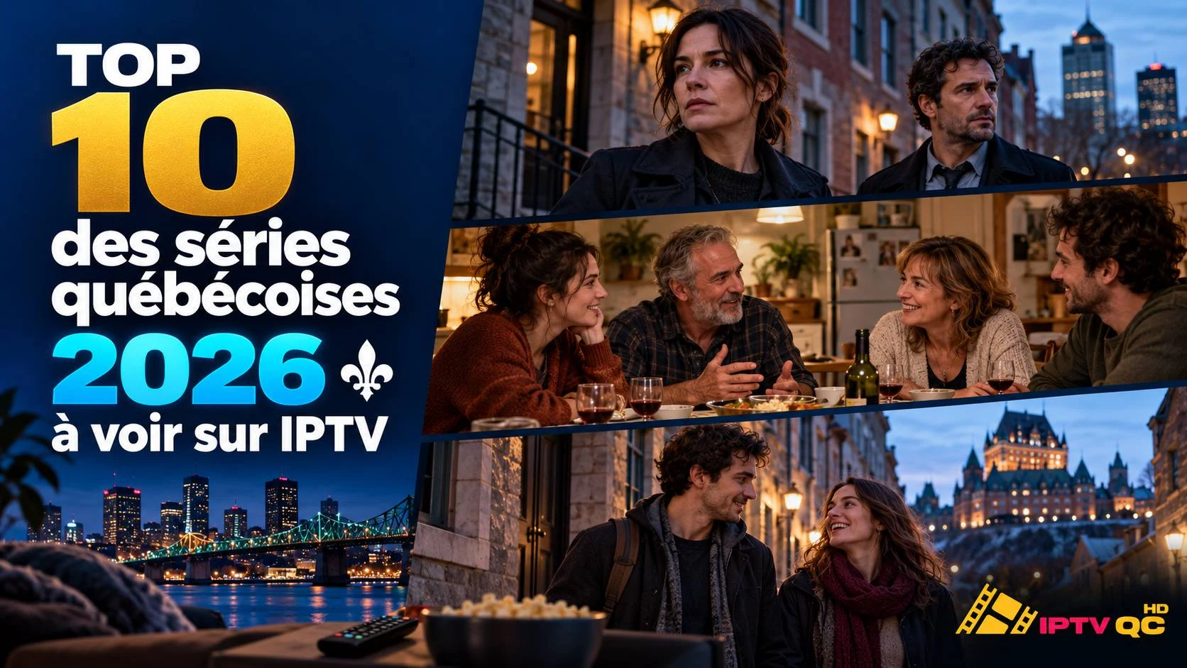 Scènes de séries au Québec (enquête nocturne, repas en famille, couple devant le Château Frontenac) et vue de Montréal la nuit, avec le titre « Top 10 des séries québécoises 2026 à voir sur IPTV »
