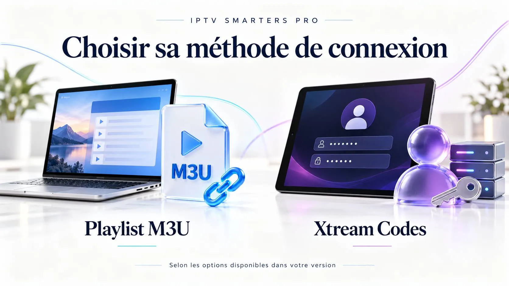 Illustration « IPTV Smarters Pro, choisir sa méthode de connexion » : à gauche une playlist M3U sur un ordinateur portable, à droite une connexion Xtream Codes avec identifiant et mot de passe sur une tablette.