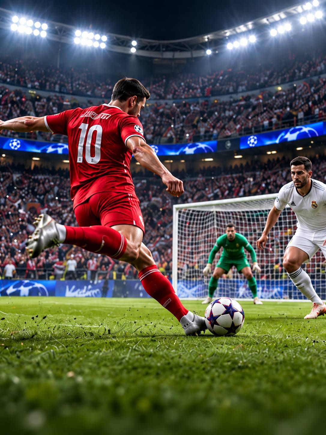 Joueur en maillot rouge frappant le ballon face au gardien, dans un stade illuminé