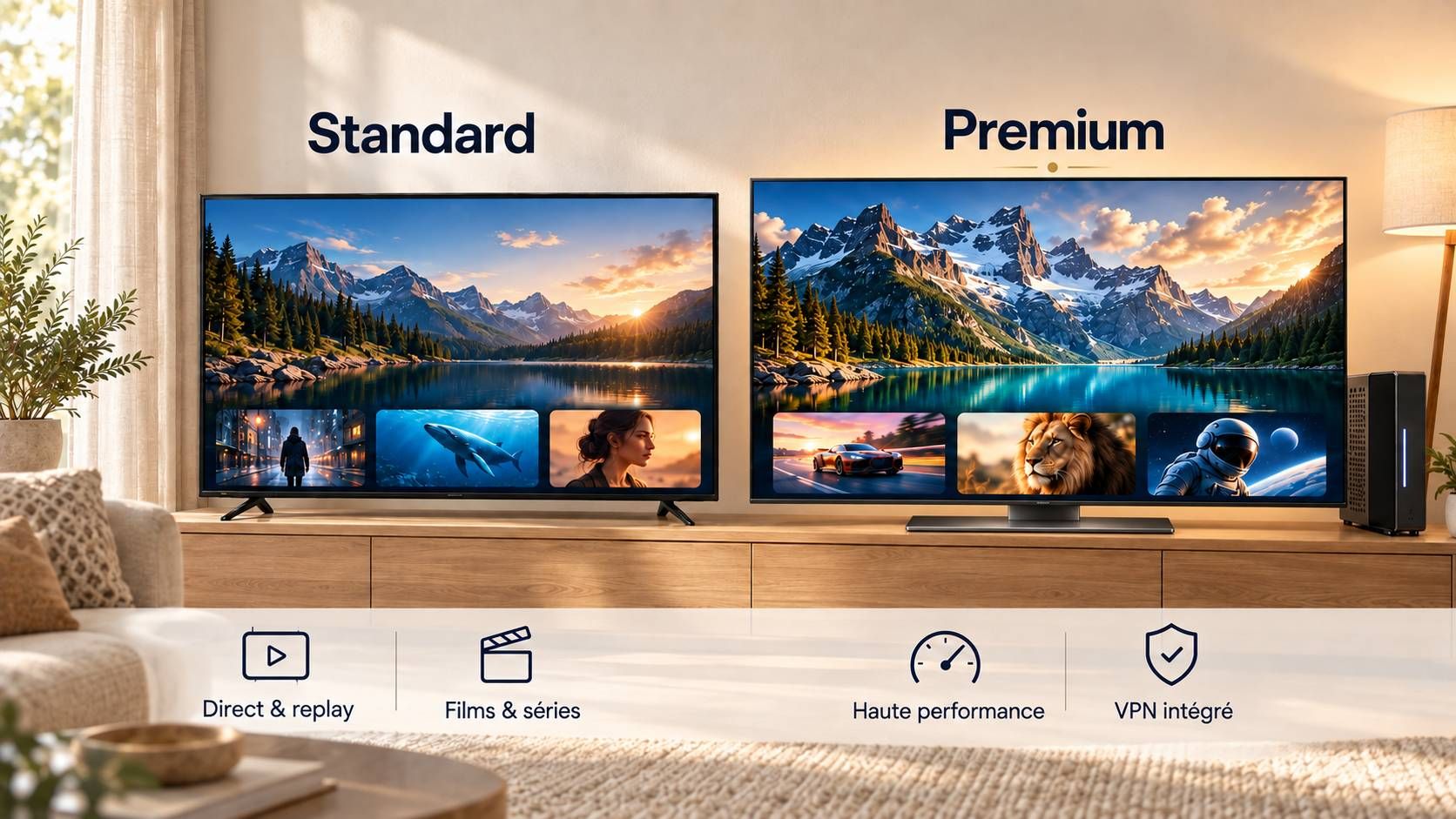 Deux téléviseurs côte à côte présentant les formules Standard et Premium dans un salon