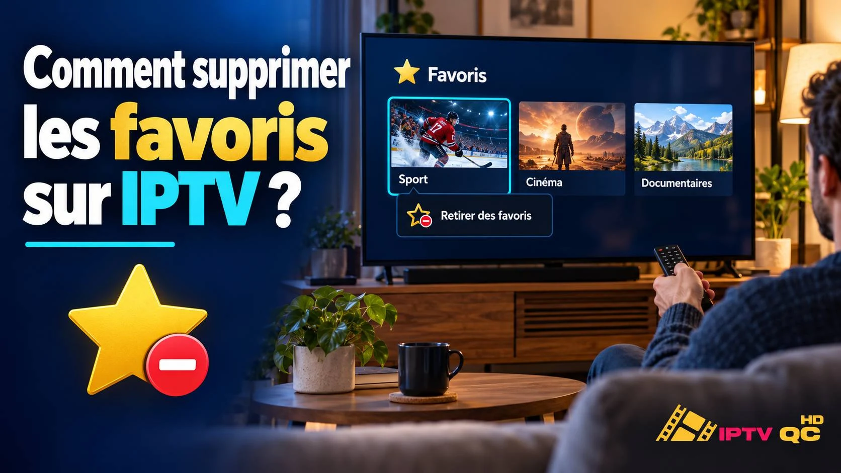Téléviseur affichant la liste des favoris d’une application IPTV avec l’option « Retirer des favoris », avec le titre « Comment supprimer les favoris sur IPTV ? »