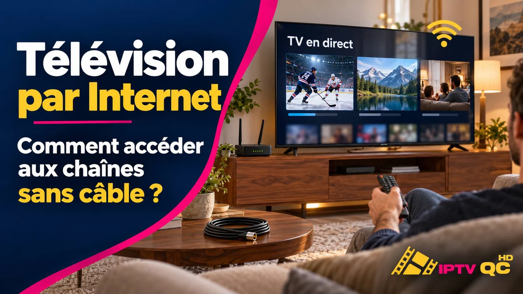 Téléviseur affichant la télévision en direct par Internet, avec un routeur Wi-Fi et un câble coaxial débranché sur la table, et le titre « Télévision par Internet : comment accéder aux chaînes sans câble ? »