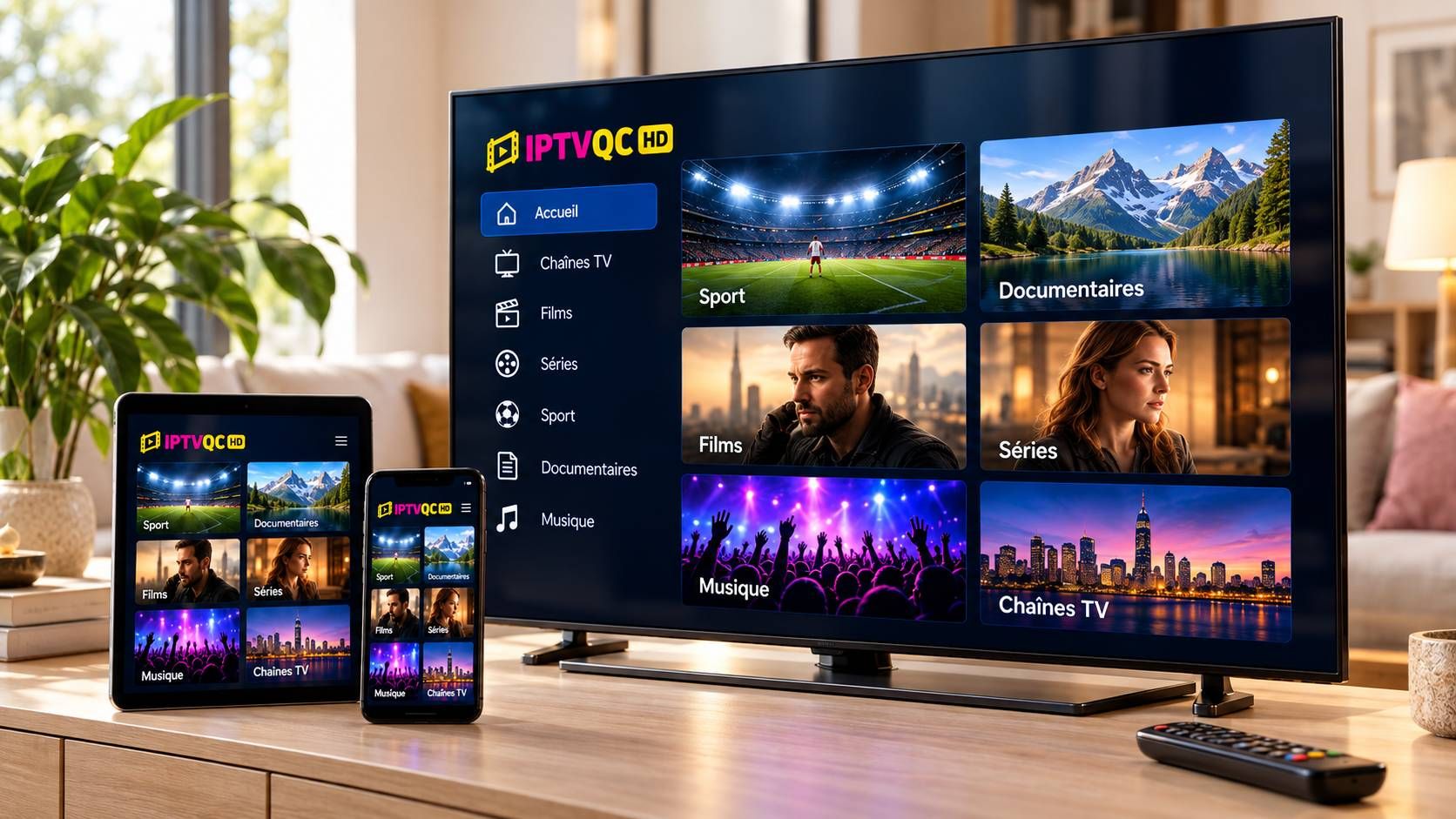 Téléviseur dans un salon lumineux affichant une application IPTV avec du sport, des films et des séries