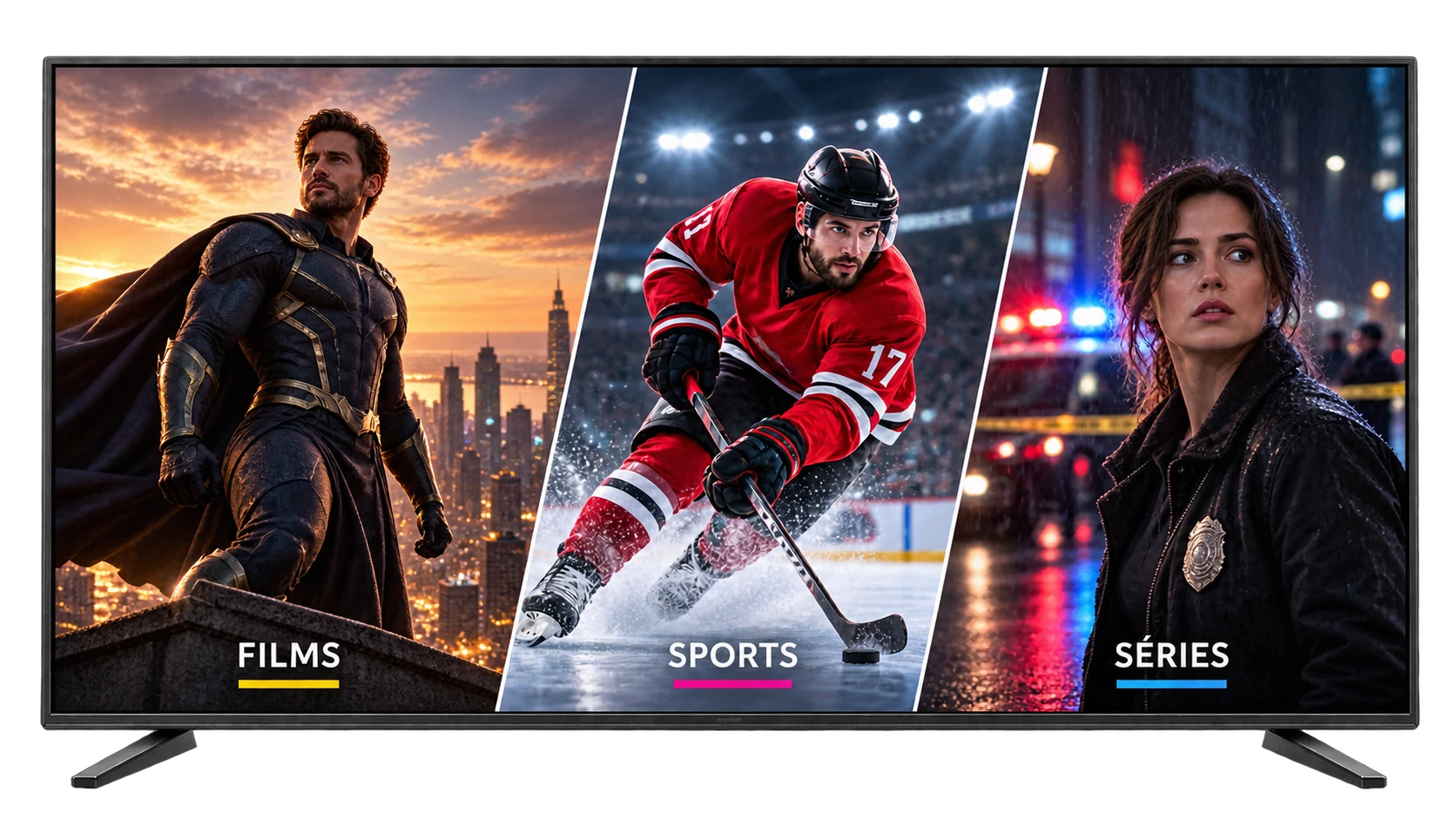 Téléviseur affichant trois univers : un héros de film au-dessus d’une ville, un joueur de hockey et une enquêtrice de série policière.